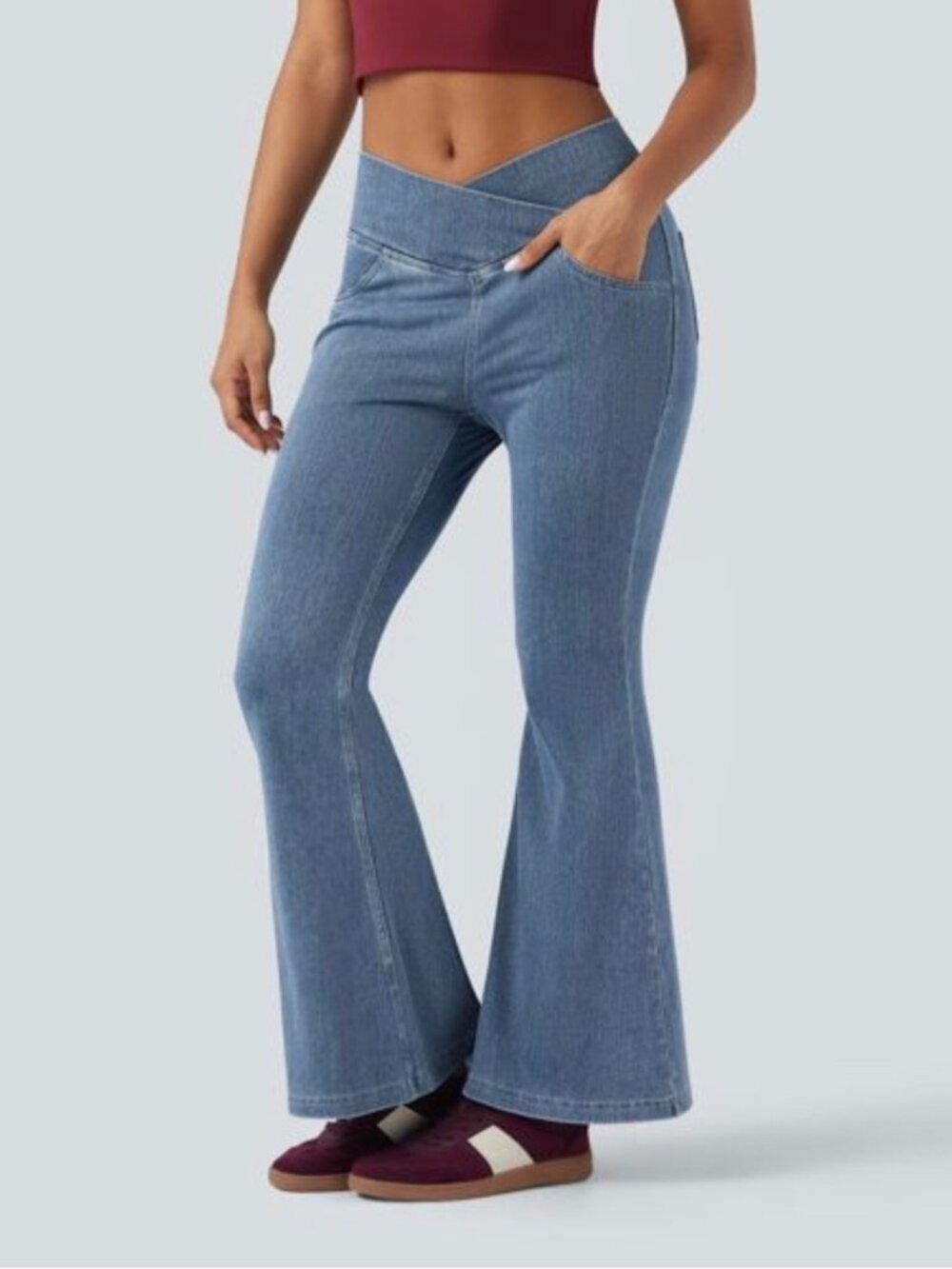Halara Flex High Waisted Crossover Flare Jeans Blue M Petite Boho Stretch Comfy